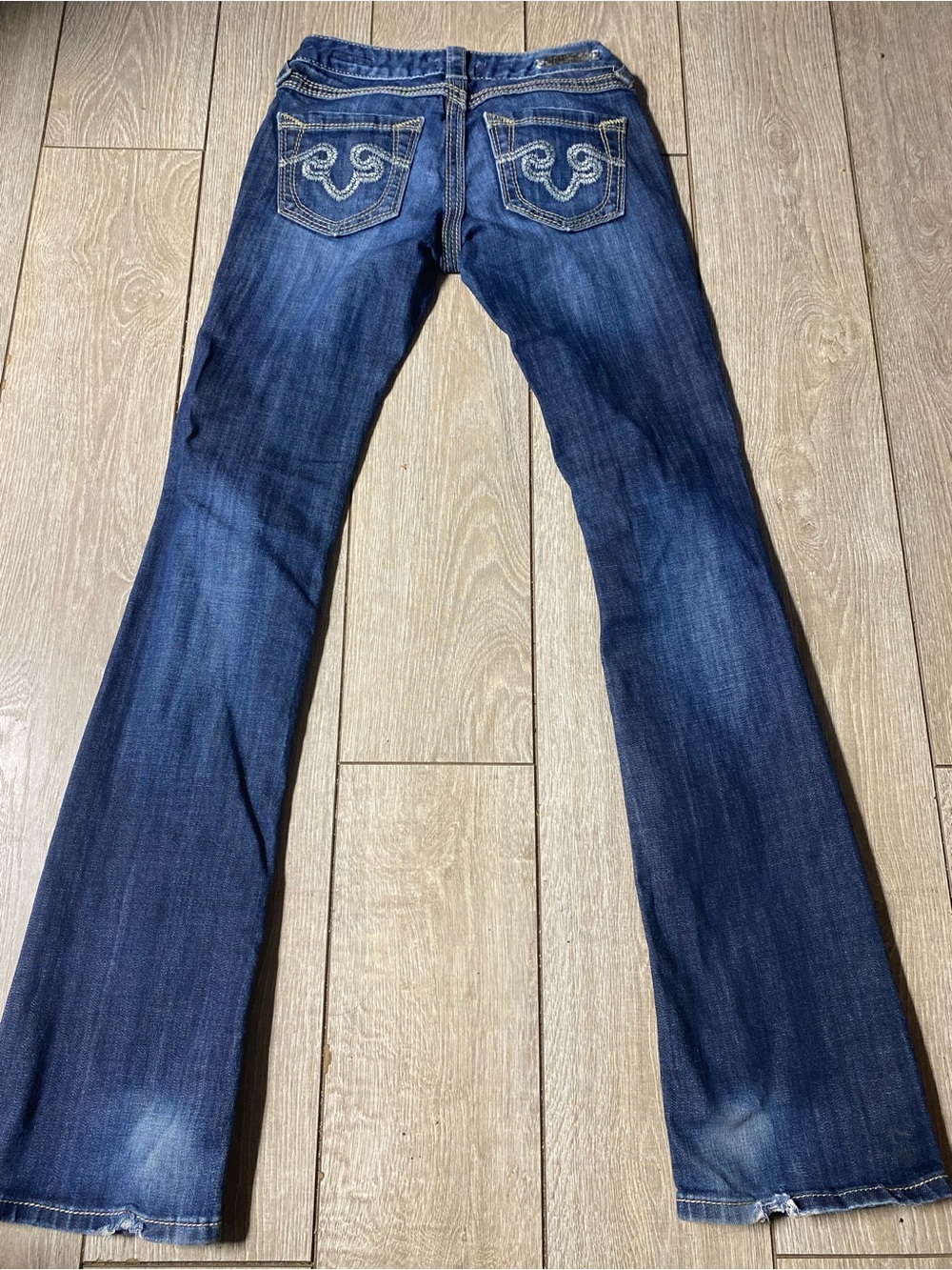 Express Rerock Womens Bootcut Jeans Flared Y2K Embroidered Thick Stitch Dark 00